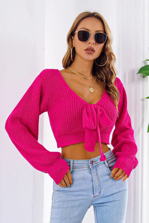 Long Cropped V-Neck Arm Sweater