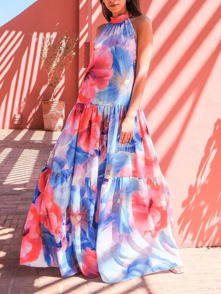 Multicolor Print Halter Neck Sleeveless Dress
