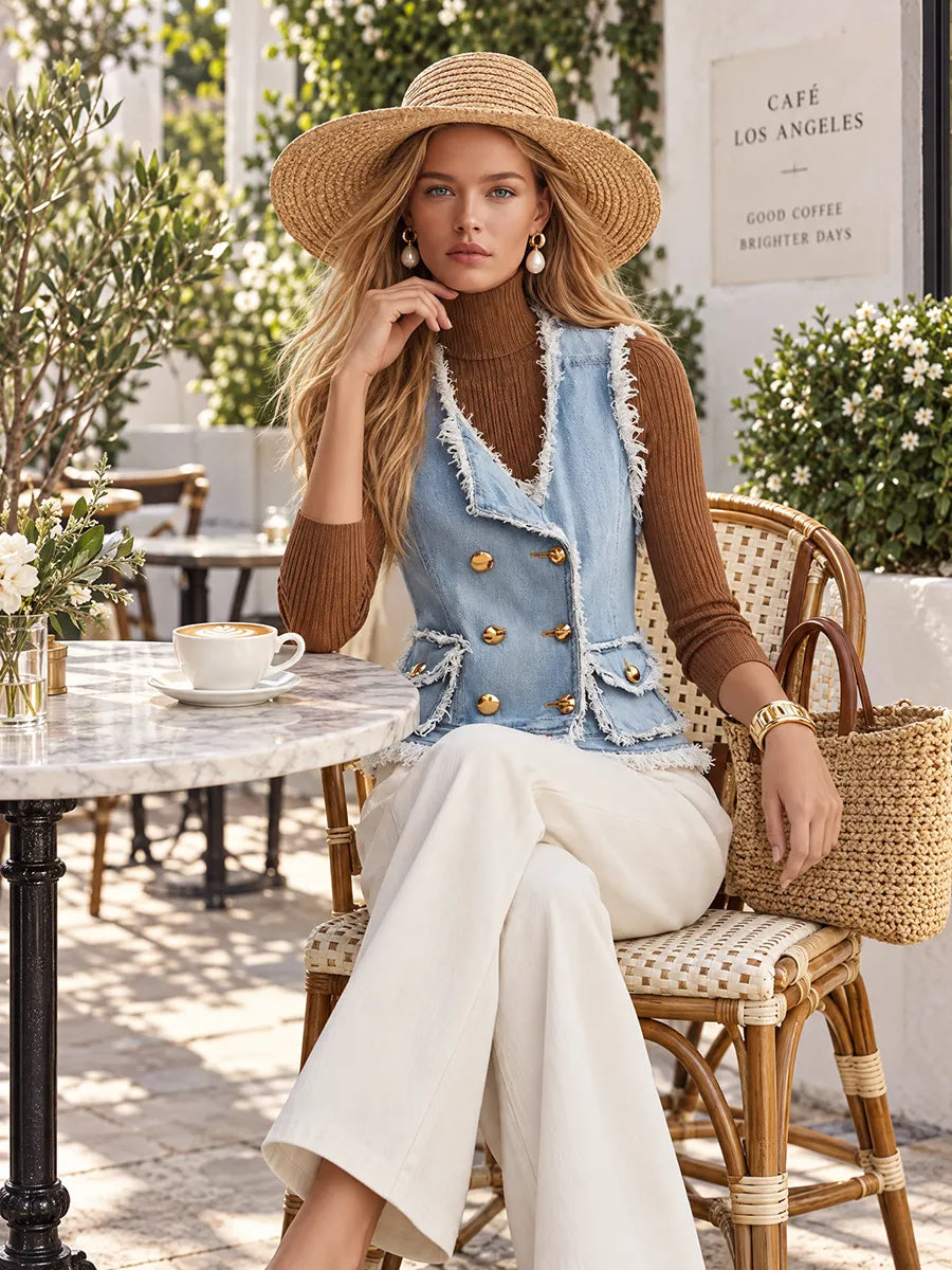 Light Blue Frayed Gold Button Front Denim Vest