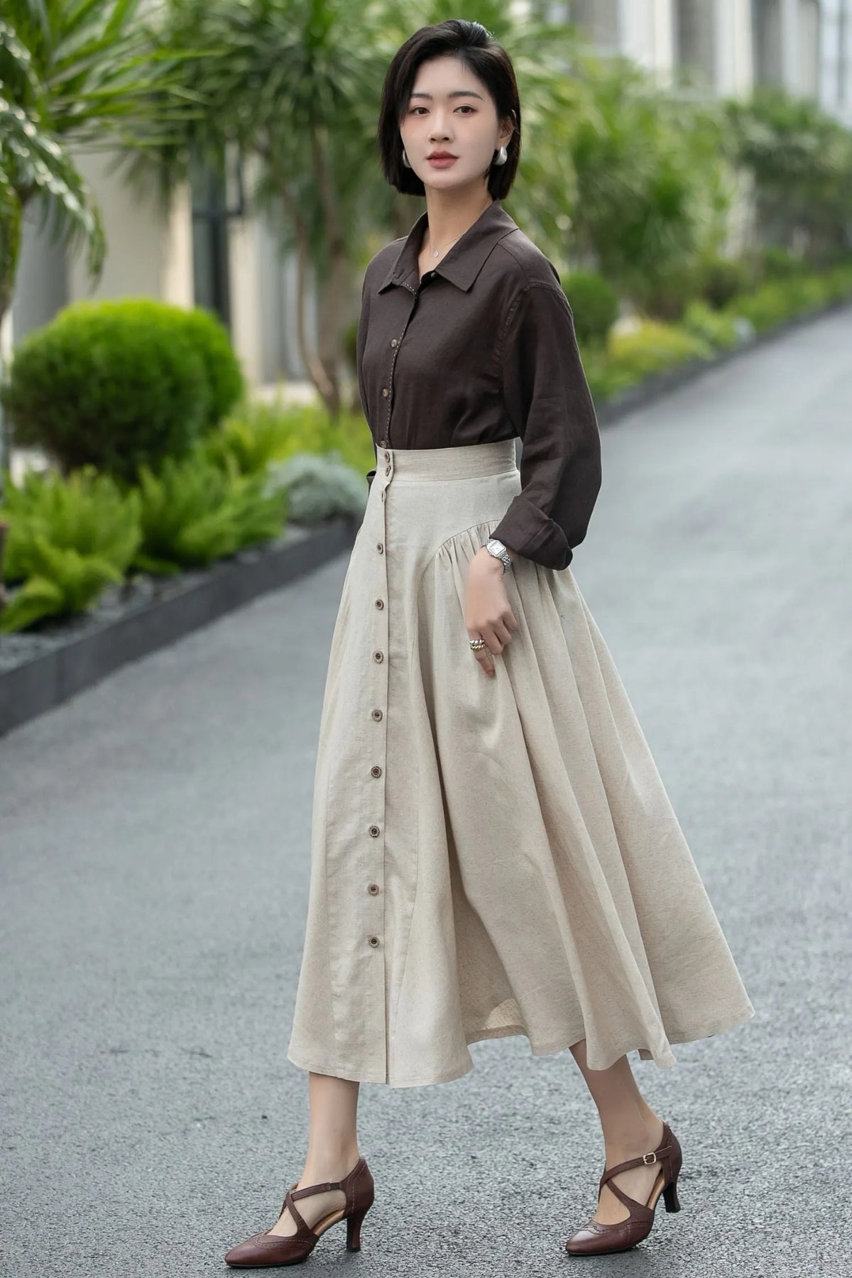 Beige Linen Midi Skirt – High Waist A-Line Button Front Skirt 6666 -Size xs #CK2600002