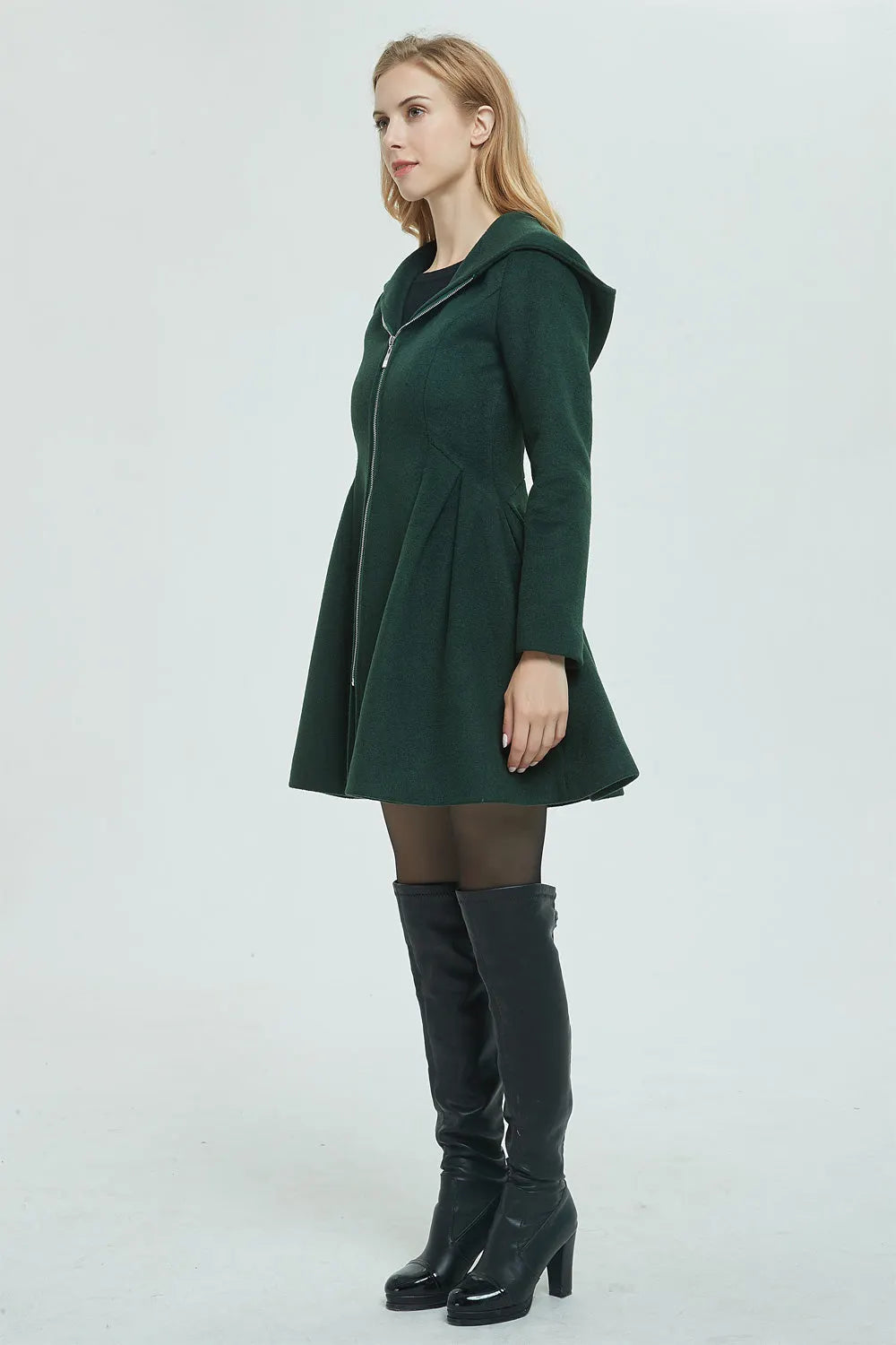 Green Wool Coat - Hooded, Short Length with Front Zipper 1948