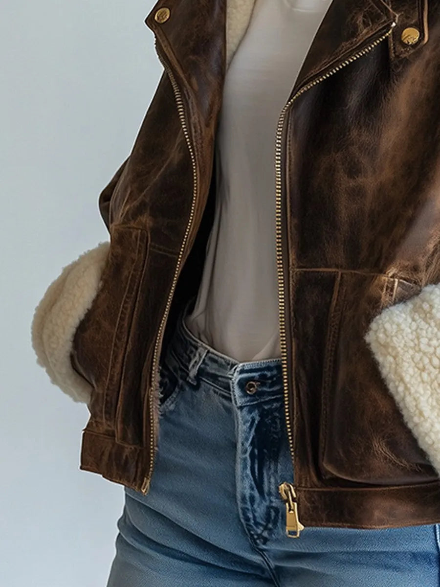 Vintage Lapel Leather Lambswool Warm Windproof Jacket