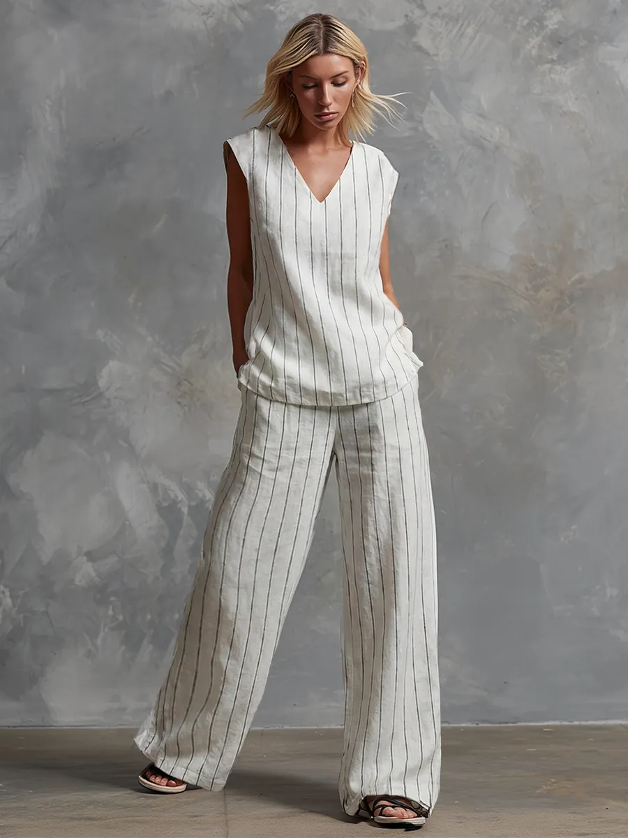 Classic Striped White Cotton Sleeveless Top And Wide-leg Pants Set
