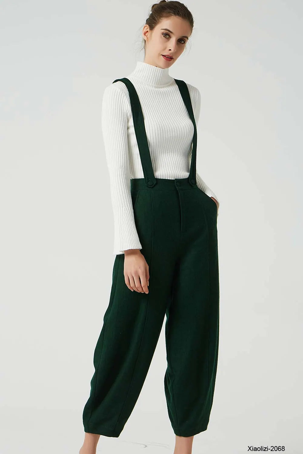 Army Green Wool Suspender Pants - Loose Fit with Pockets 2068
