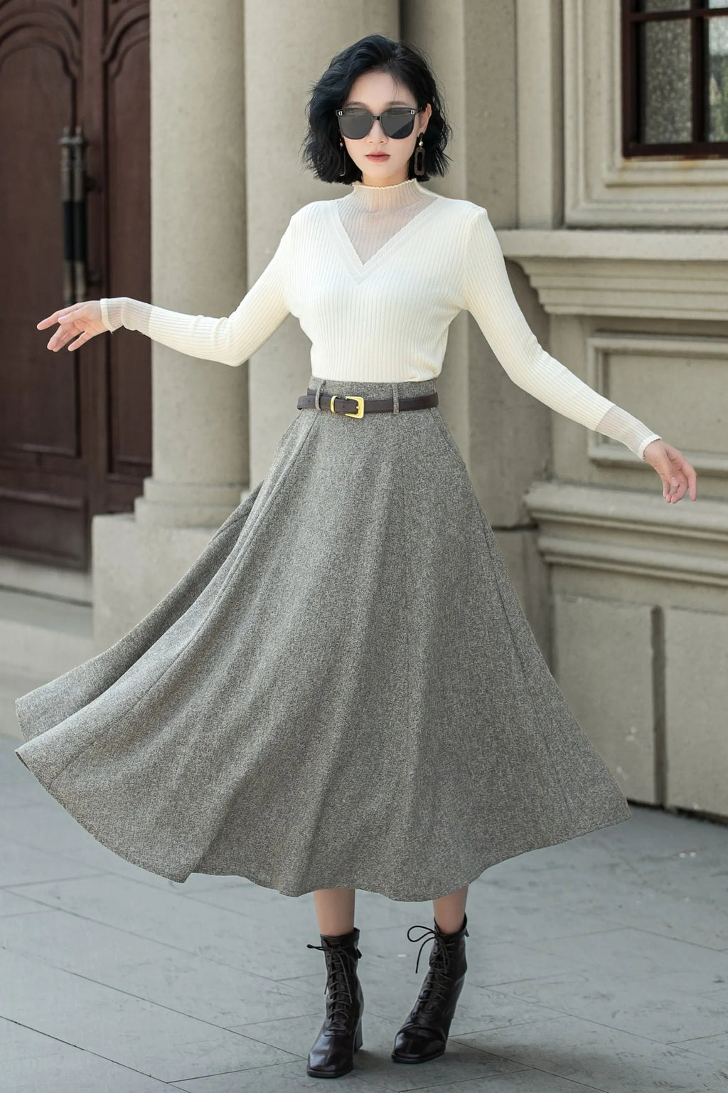 Gray Wool A-Line Midi Skirt - High Waist with Pockets 5313
