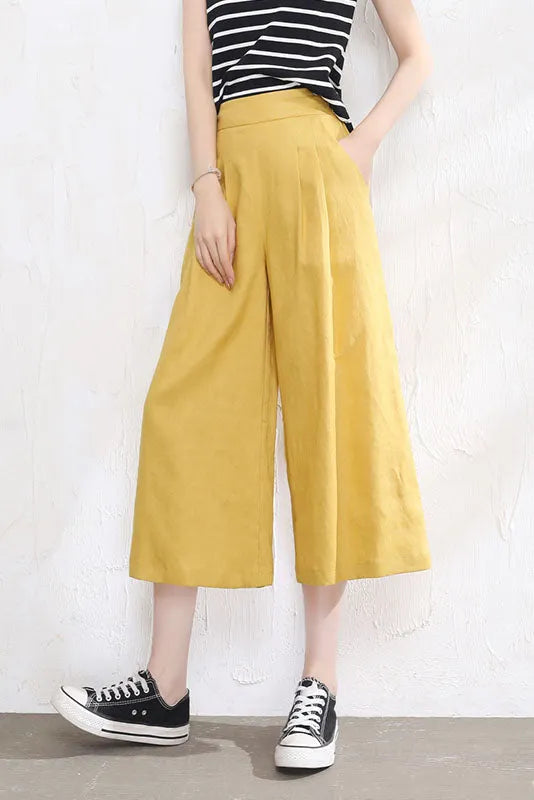 Yellow Linen Wide Leg Pants - Back Elastic Waist, Front Pockets 3523