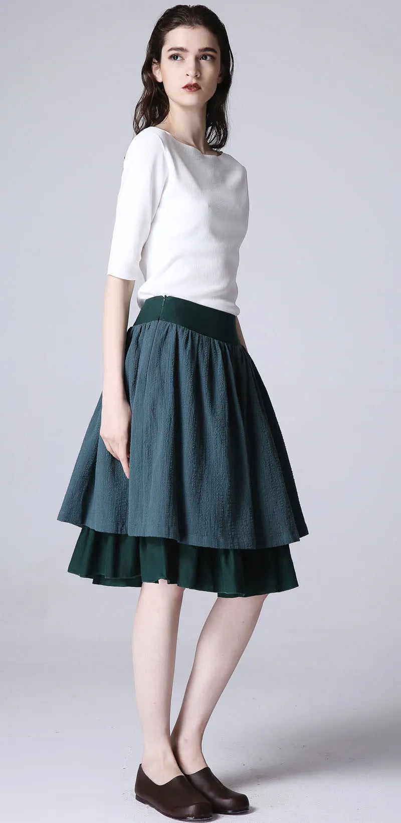 Green Linen Midi Skirt - Flared Silhouette with Layered Hem 1189