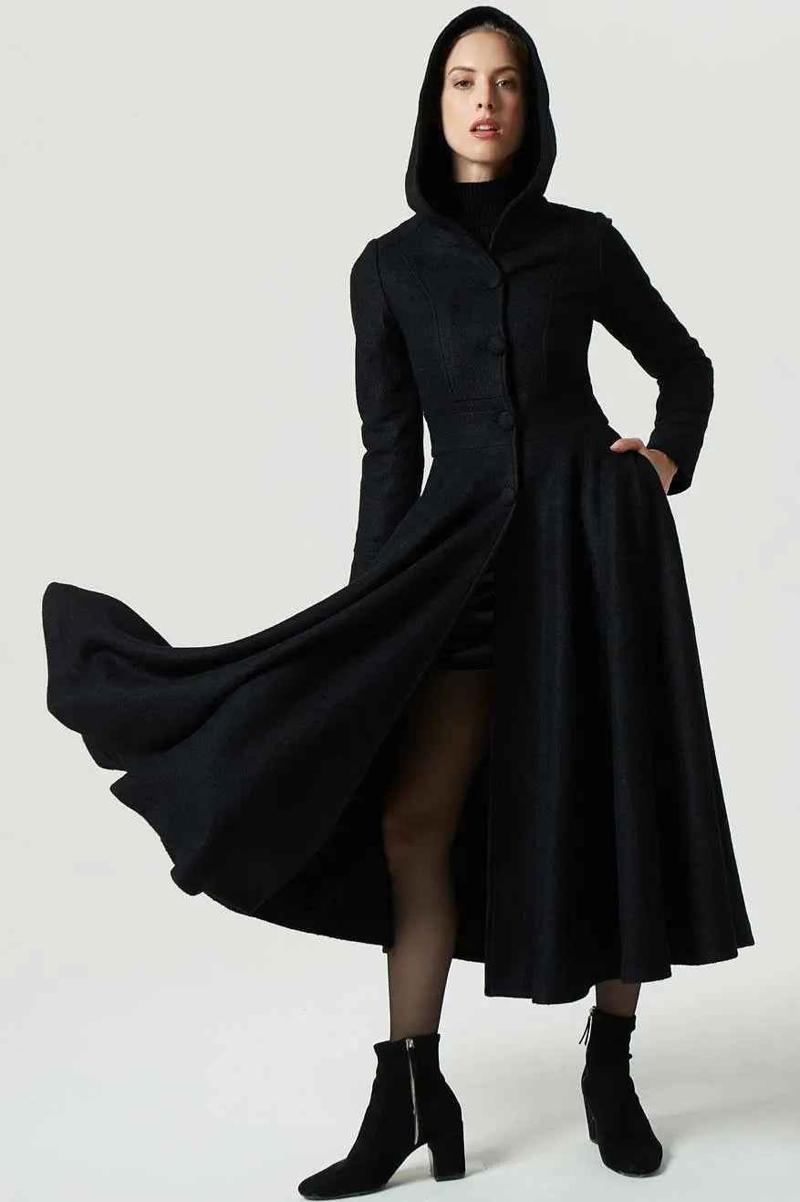 Handmade Black Wool Coat – Hooded Fit & Flare Maxi Winter Overcoat 