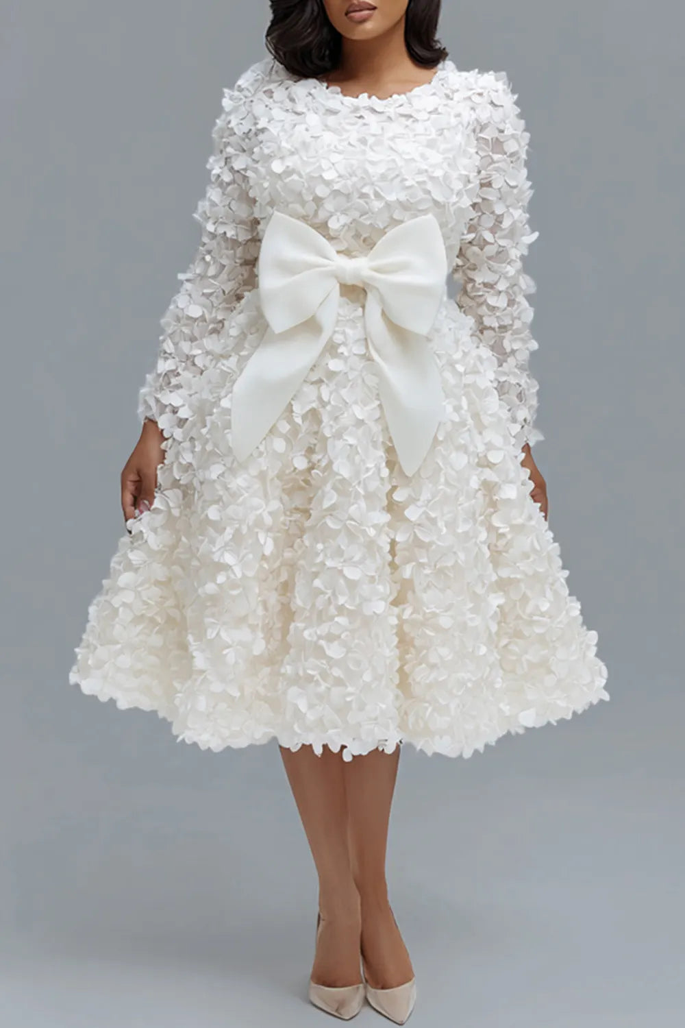 Wedding White Round Neck Long Sleeve Bow Tie Elegant 3D Midi Dresses