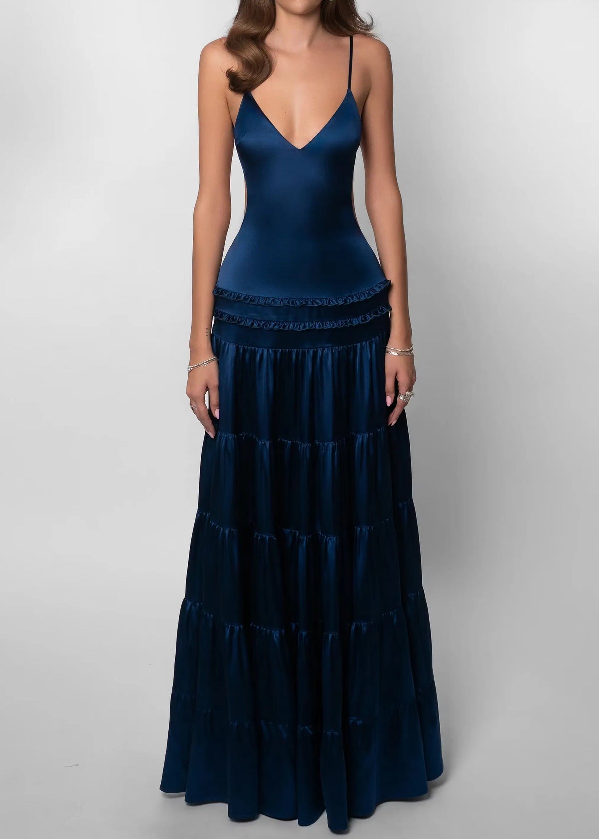 Deep V Backless Tiered Satin Maxi Dress