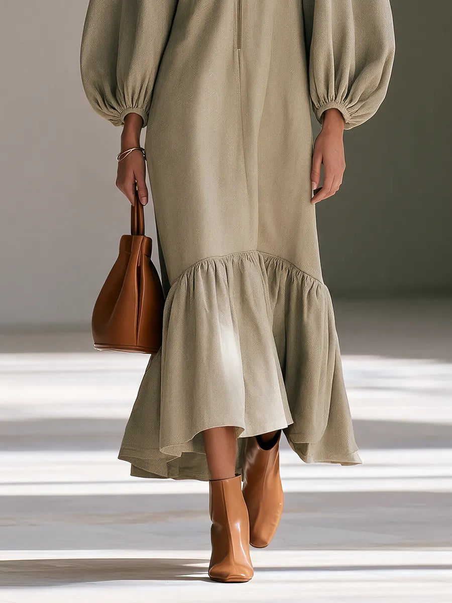 Women's Round-Neck Half-Zip Balloon-Sleeve Ruffle-Hem Maxi Dress MDZ0279I1CMX
