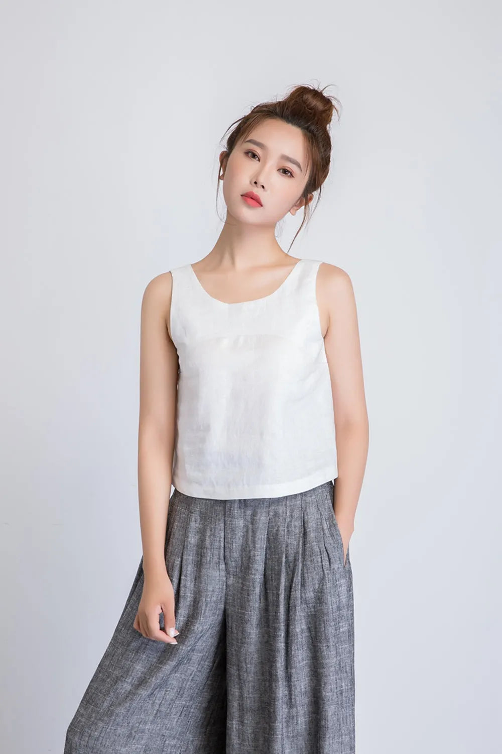 White Linen Sleeveless Top - Loose Fit, V Back 1946