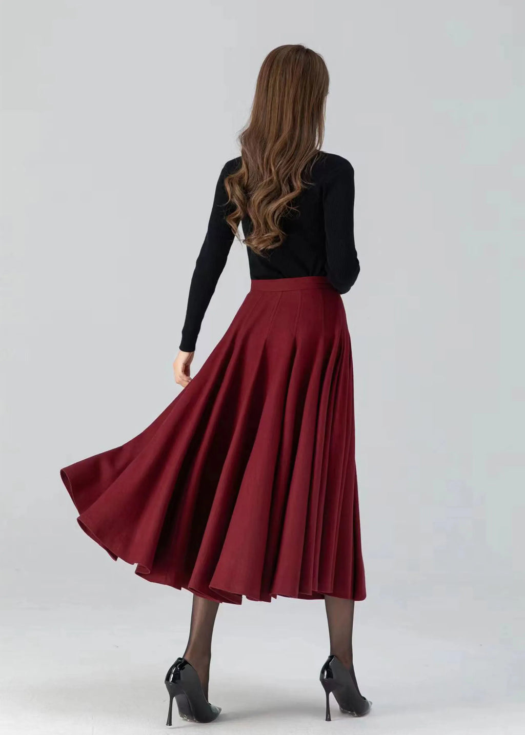 Women's Red Wool Swing Midi Skirt – Warm Winter Pleated High Waist Skirt 