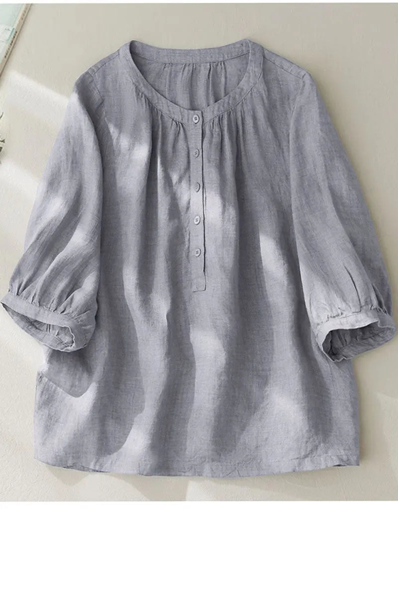 Light Blue Linen Cotton Blouse - Loose Fit Button Closure 4322