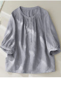 Light Blue Linen Cotton Blouse - Loose Fit Button Closure 4322