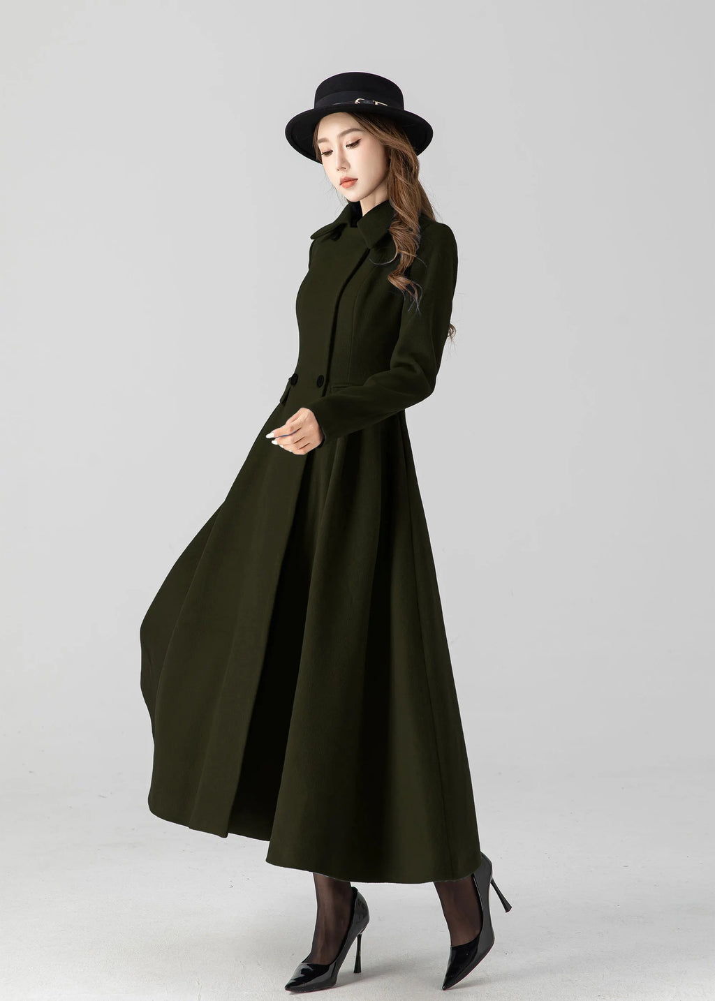 Army Green Wool Long Coat - Vintage Inspired A-Line Swing 5505