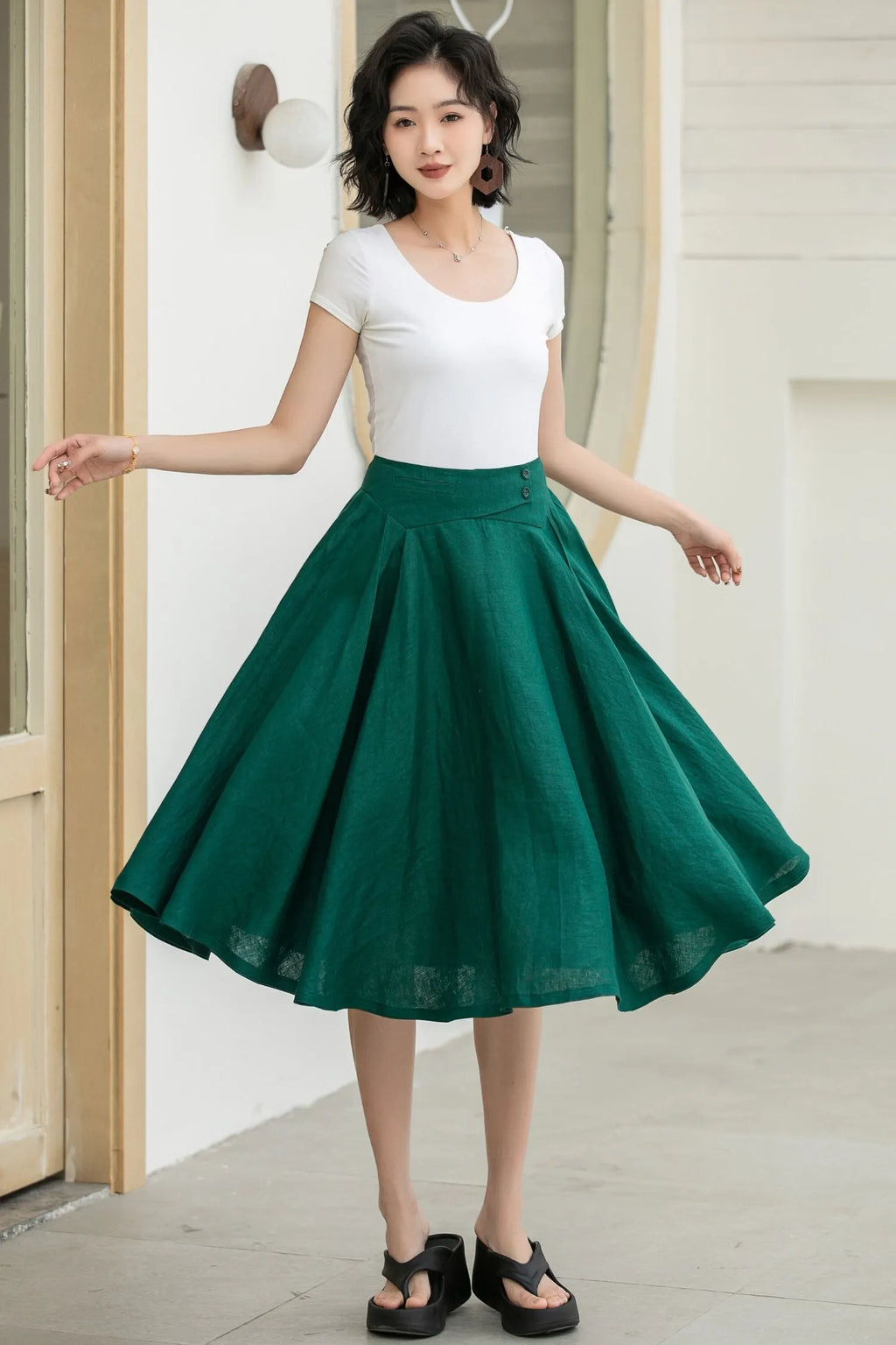 Dark Green Linen Midi Skirt - High-Waisted A-Line Flare 5834