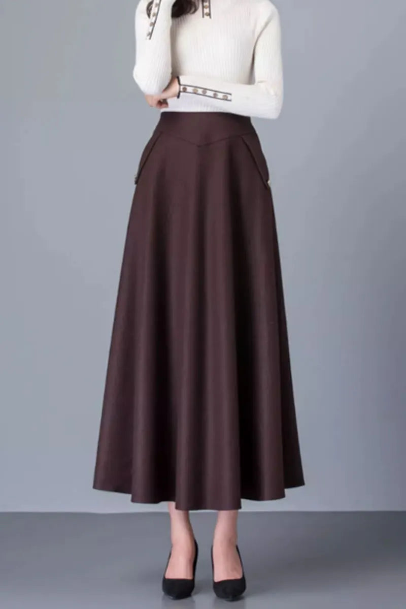 Brown Wool Maxi Skirt - A-Line with Pockets 4752