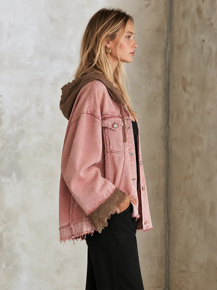 Oversized Washed Pink Hooded and Frayed Lace Trim Denim Jacket