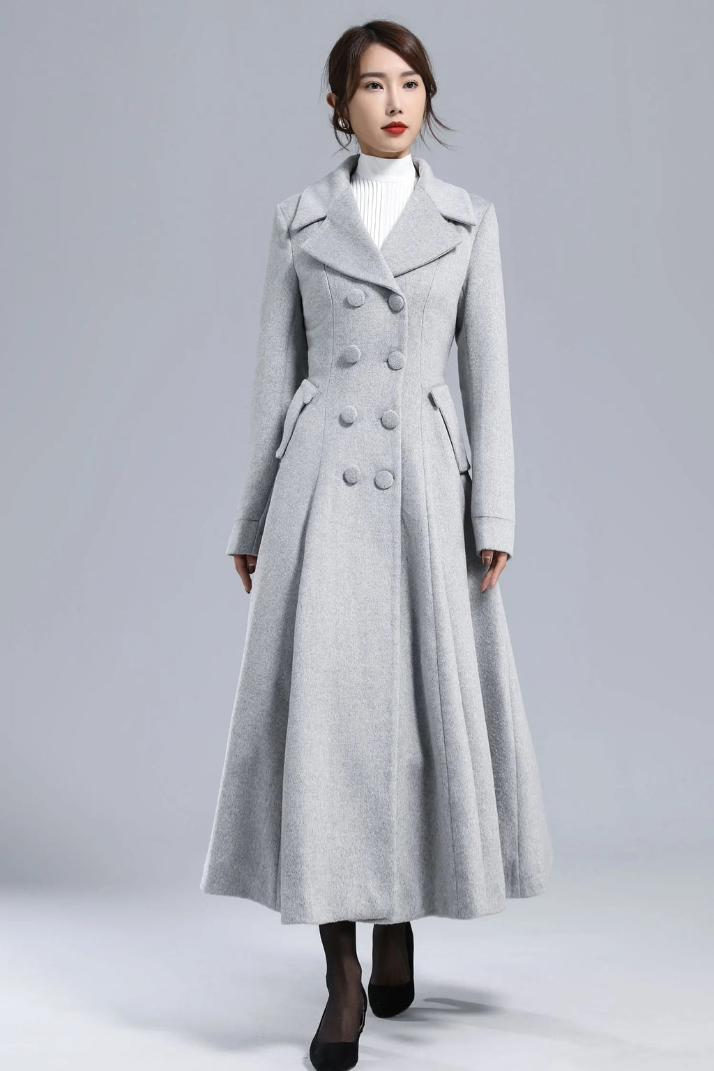 Light Gray Wool Coat – Elegant Double-Breasted Fit and Flare Winter Overcoat 3236