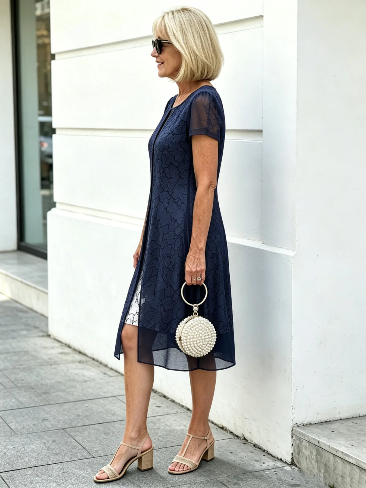 Navy Blue Printed Mesh Layered Midi Dress, Round Neck Short Sleeve Straight A-Line Tummy Concealing Dress for Mature Wom