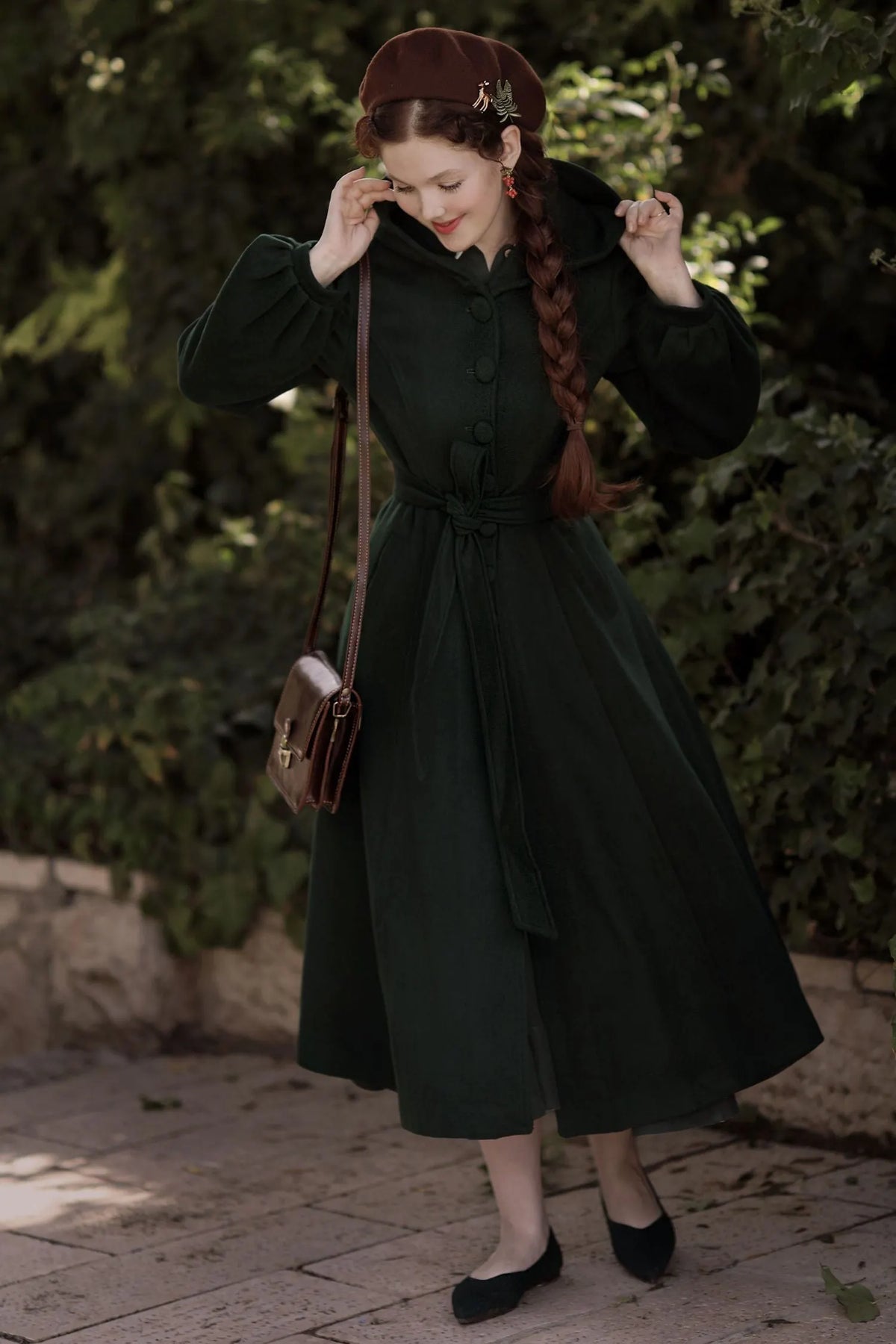 Dark Green Wool Blend Coat – Handmade Hooded Vintage Winter Elegance 3870