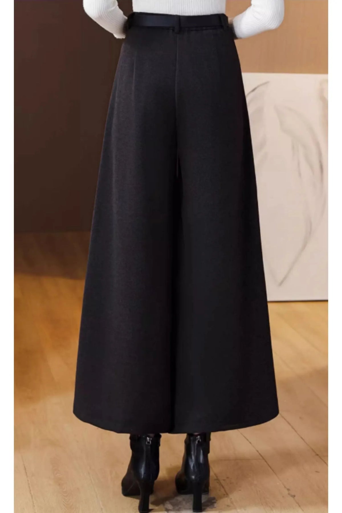 Black Wool Wide Leg Pants - High Waist Relaxed Fit 6372
