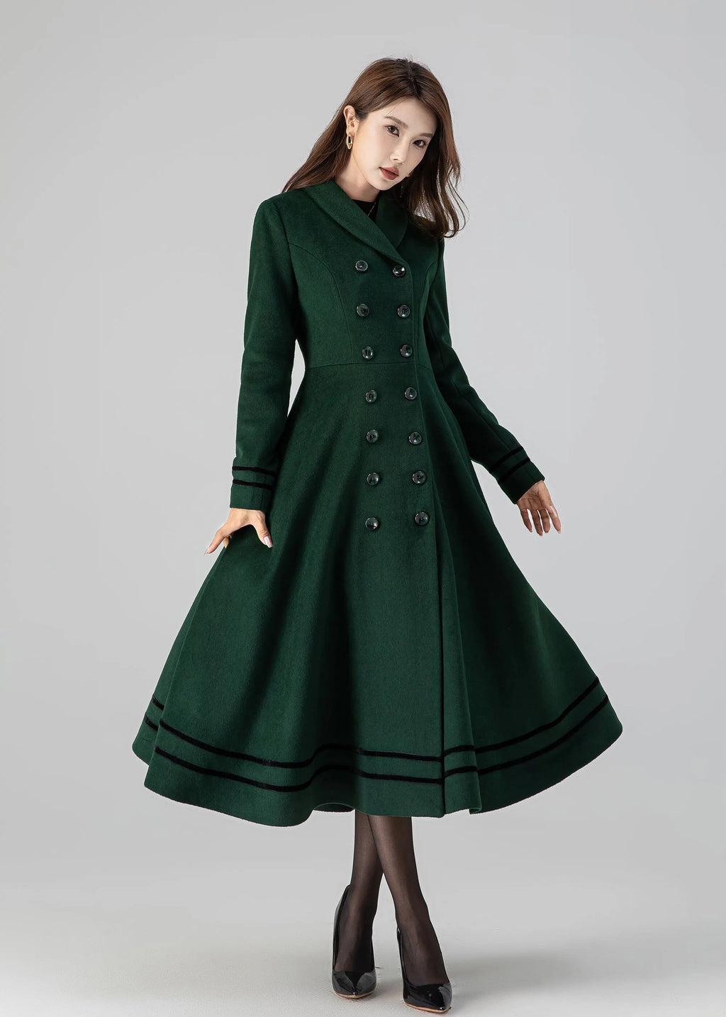 Forest Green Wool Coat - Double Breasted A-Line Fit and Flare 4514