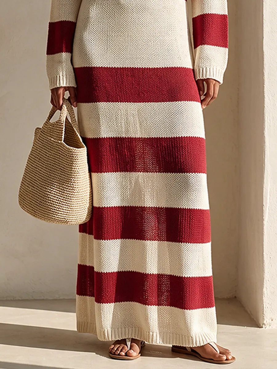 Women's Retro Wide-Stripe Long-Sleeve Knit Maxi Dress MDZ2788H6ZRK