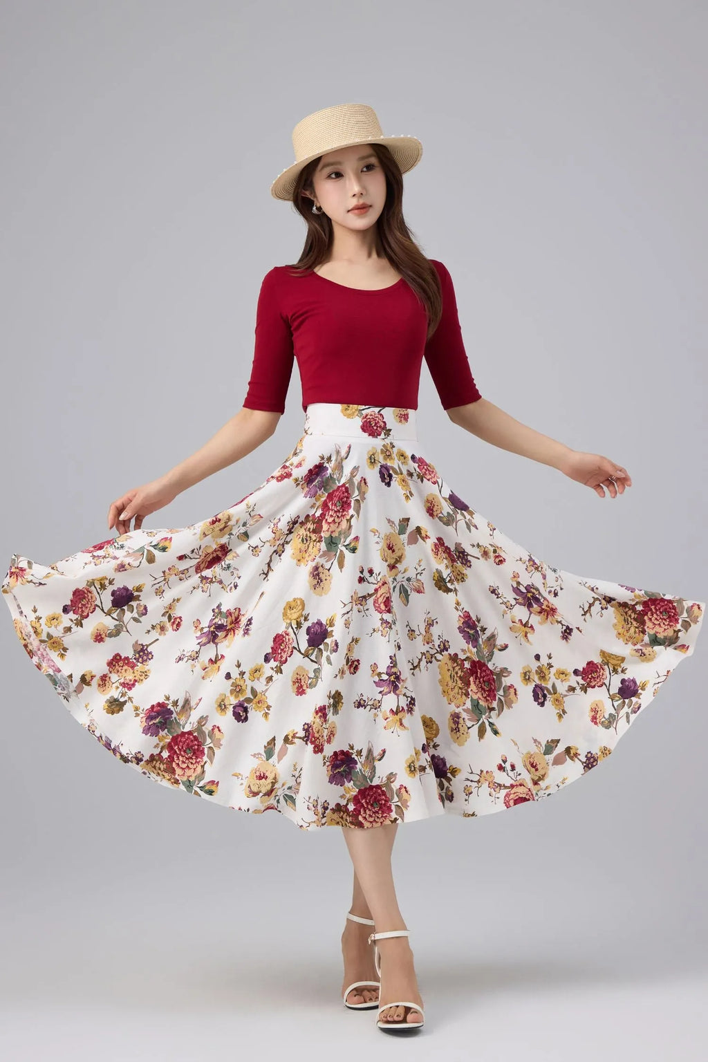 White Floral Cotton Linen Midi Skirt - High Waist, A-line Swing 