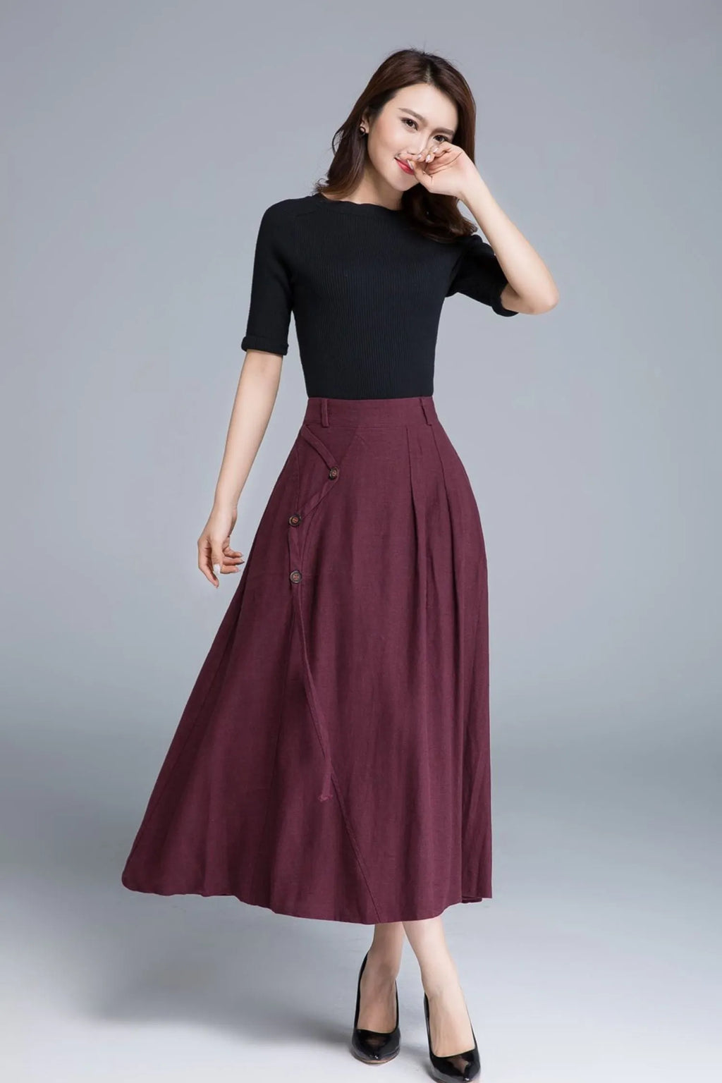 Burgundy Linen Maxi Skirt - High-Waist A-Line Pockets 