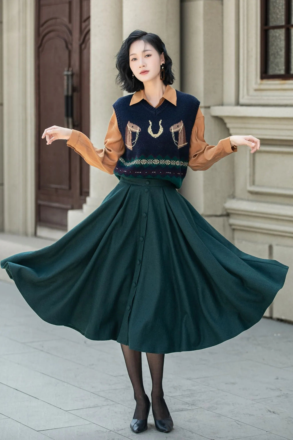 Dark Green Wool Midi Skirt - Flared A-Line with Elastic Waist 5311