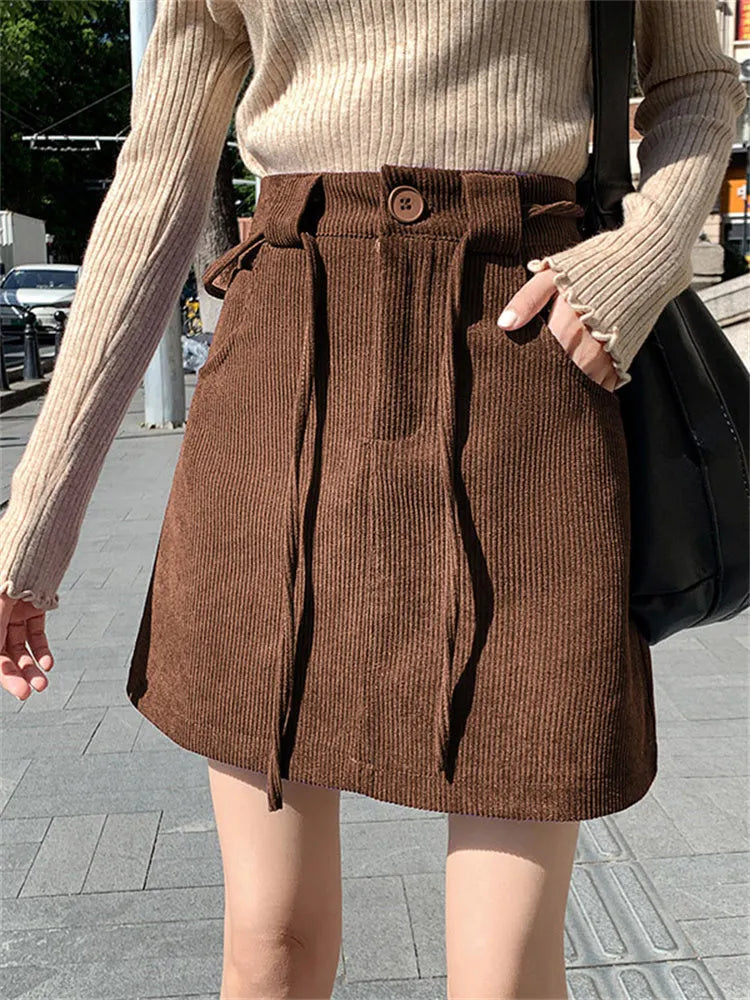 KittenAlarm - High Waist A-Line Corduroy Skirts