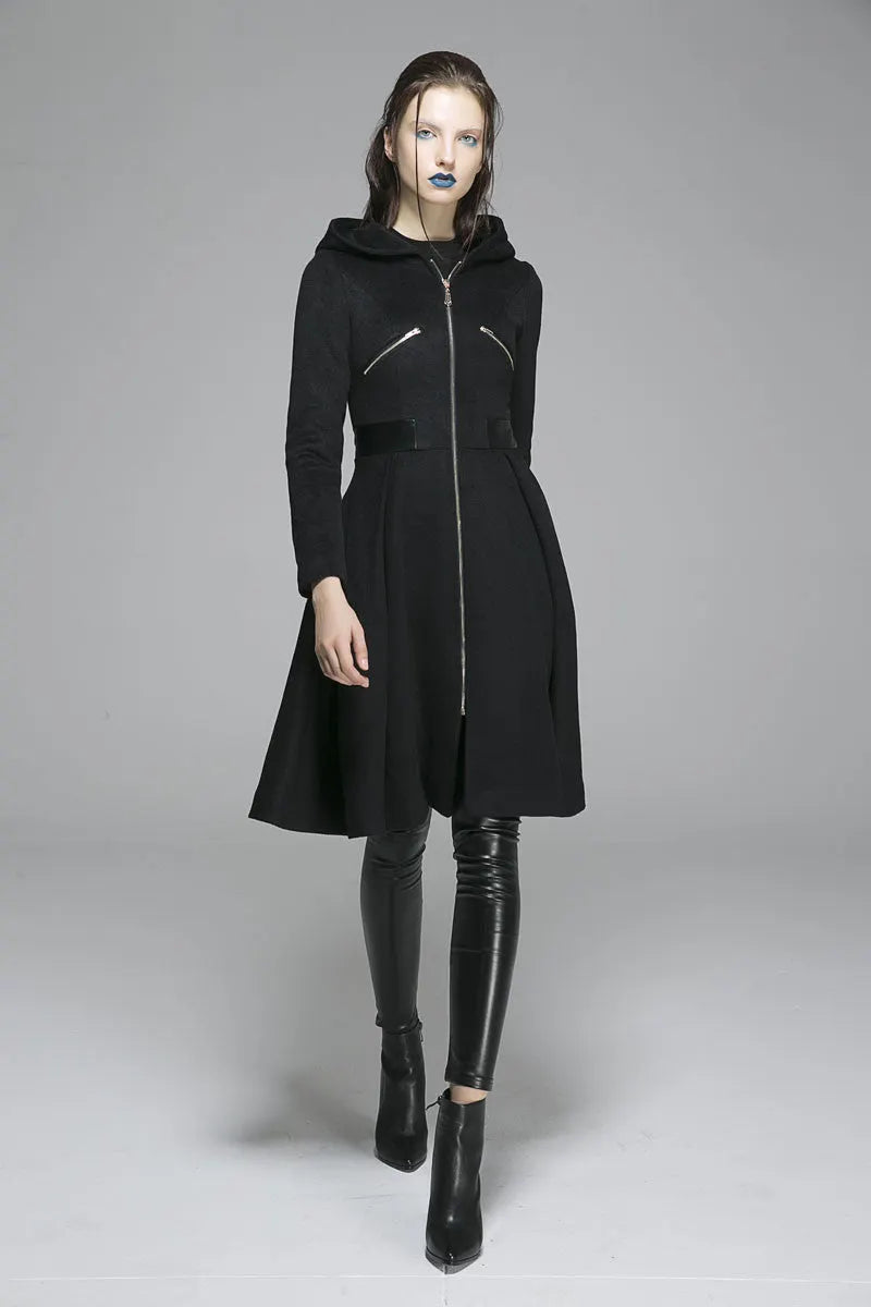 Black Wool Hooded Winter Coat – Handmade Retro Zipper Jacket 1361