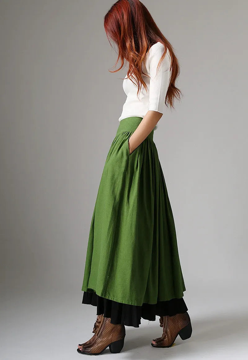 Feminine Linen Maxi Skirt Forest Green – High-Waisted A-Line – 1037