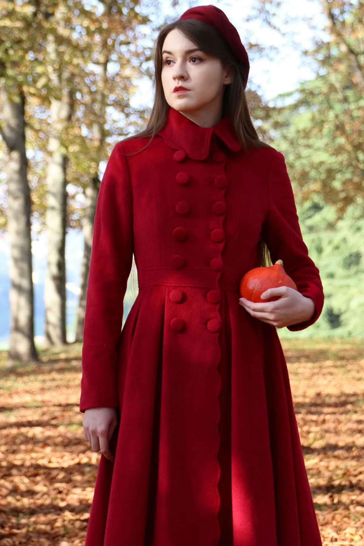 Red Wool Maxi Coat - Vintage Princess Silhouette with Pleated Detail 3219