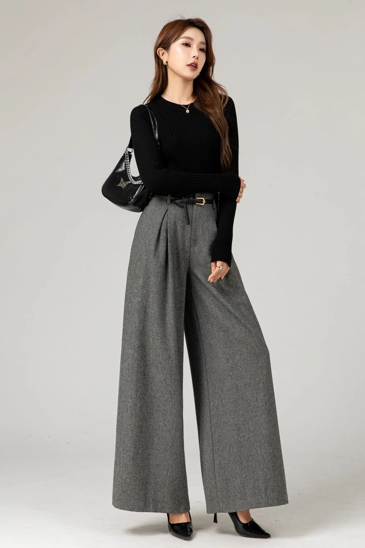 Gray Wool Wide-Leg Pants - High Waist Fitted 