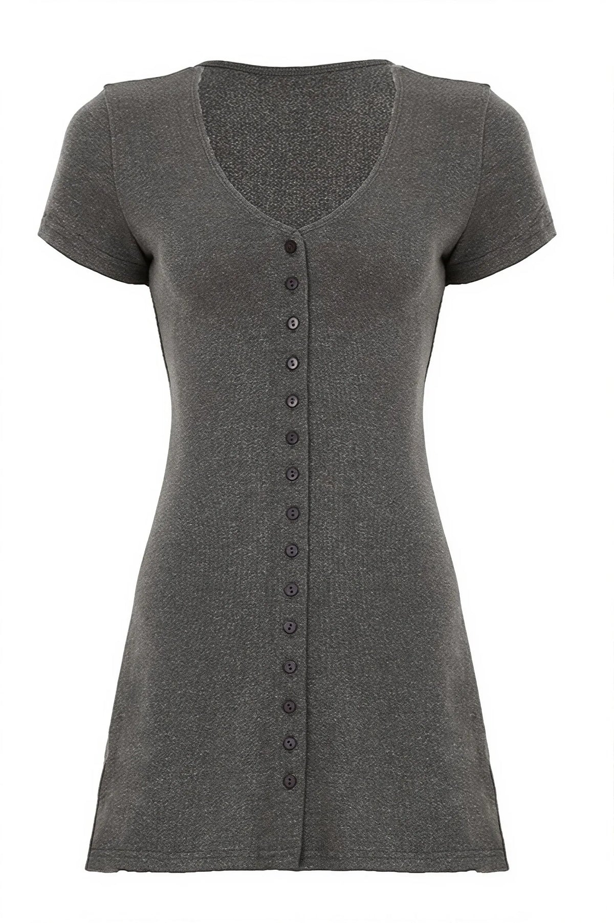 Solid Button Knit V Neck Slim Mini Dress