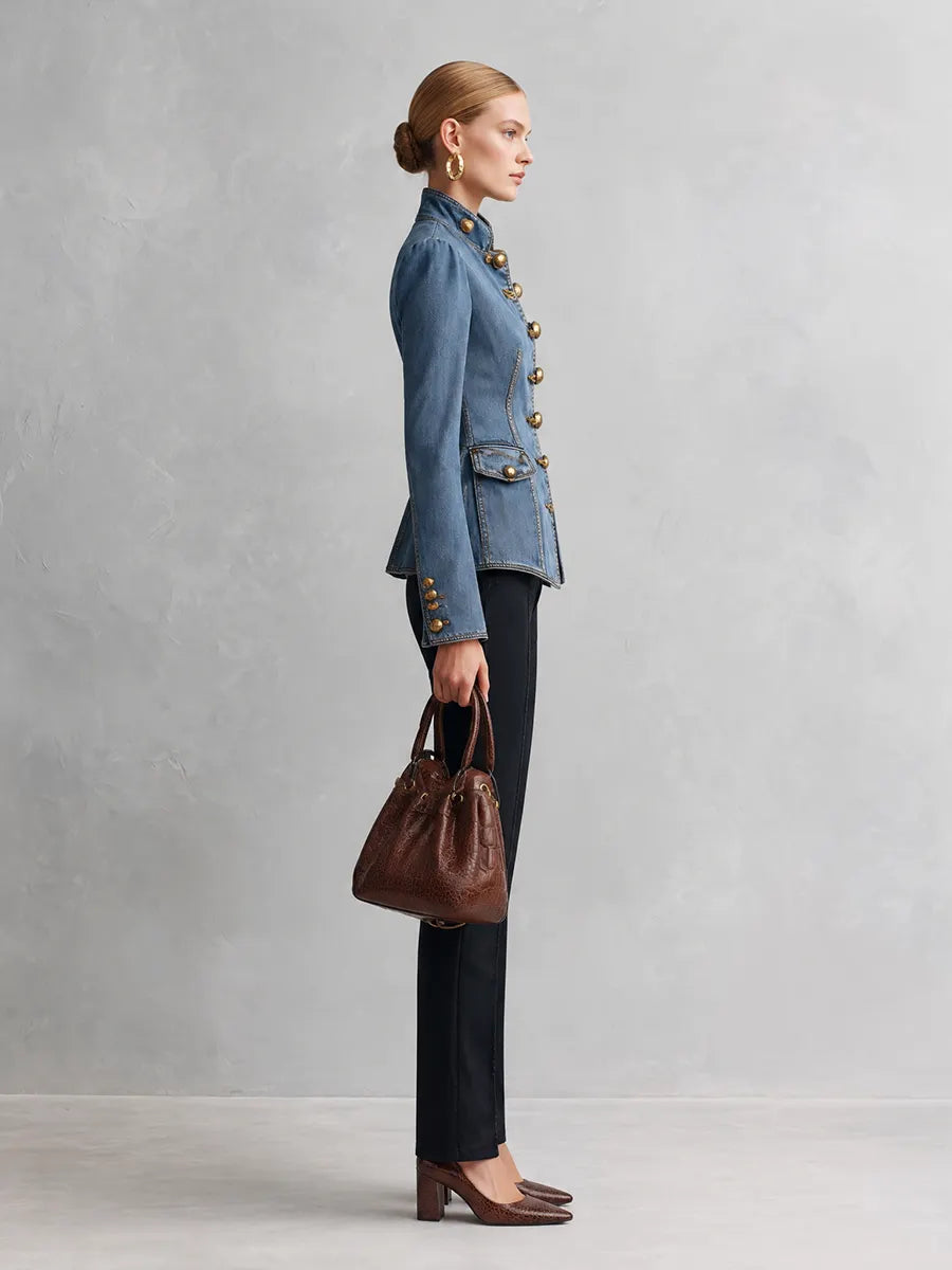 Retro Denim Stand Collar Military Jacket