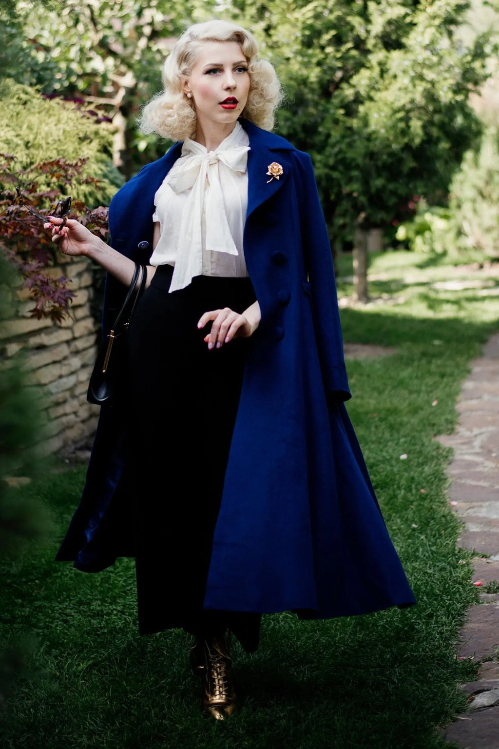 Blue Wool Maxi Coat – Vintage Double Breasted Long Winter Overcoat 2410