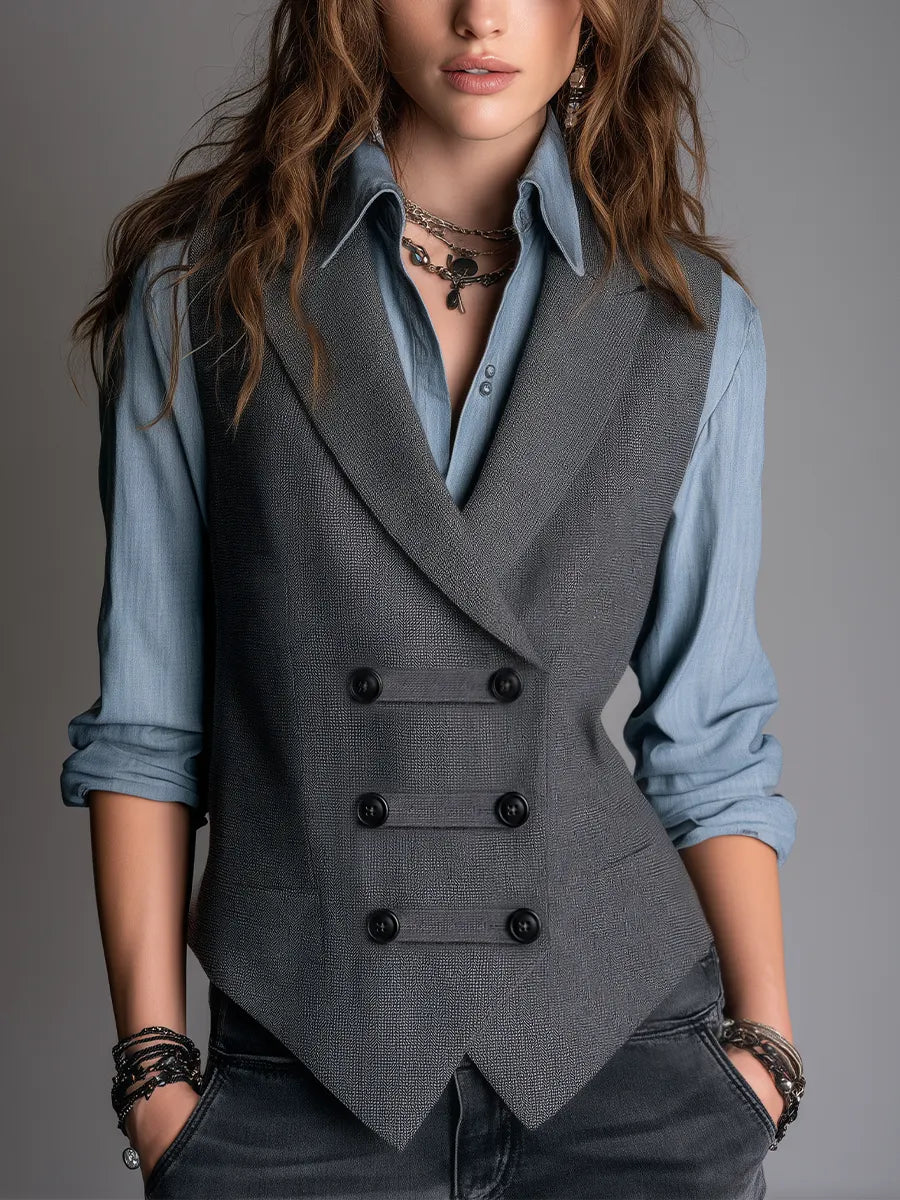 Retro Charcoal Double-Breasted Waistcoat