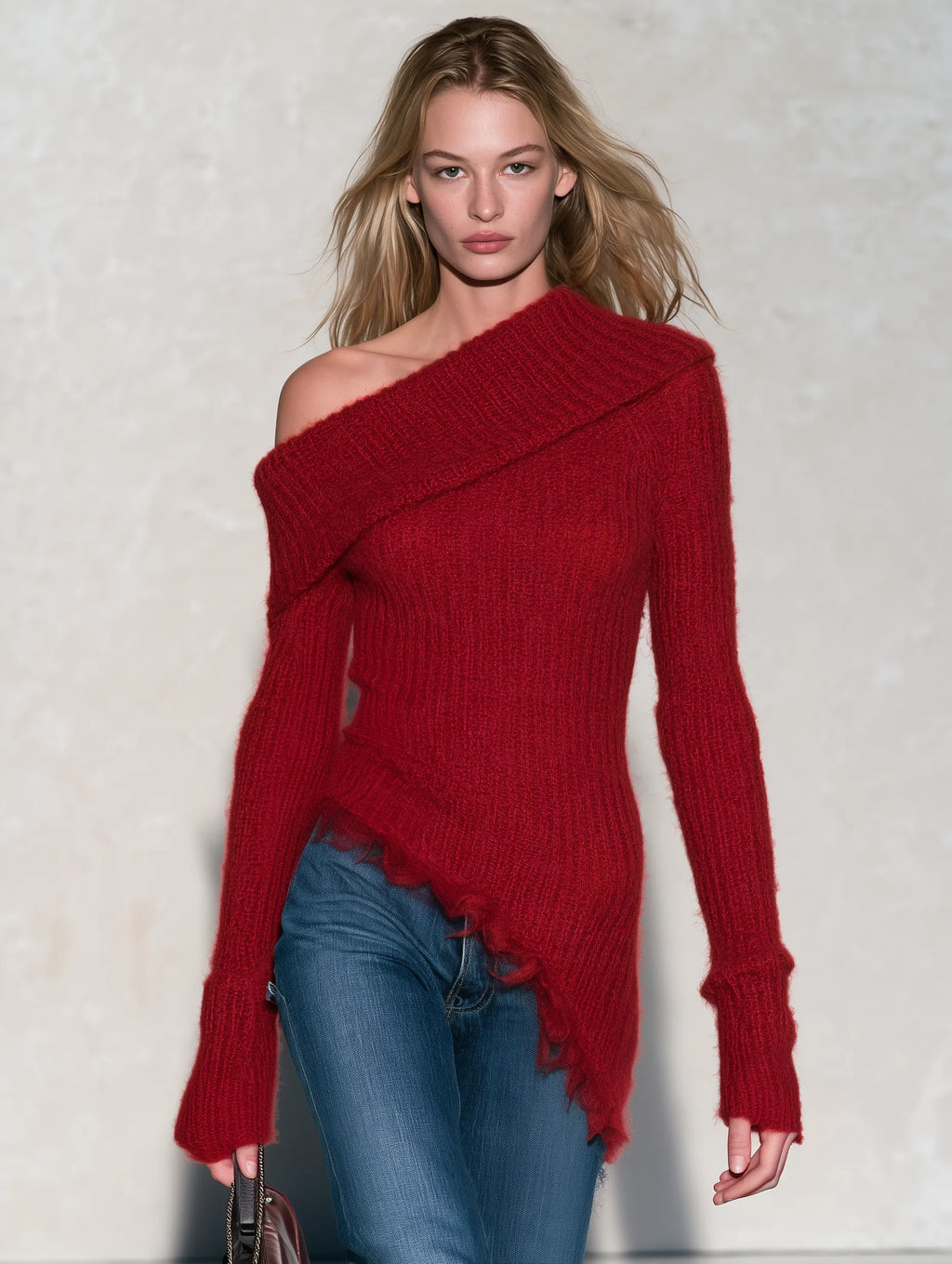 Retro Elegant Red Asymmetric Shoulder Frayed Hem Going-Out Top
