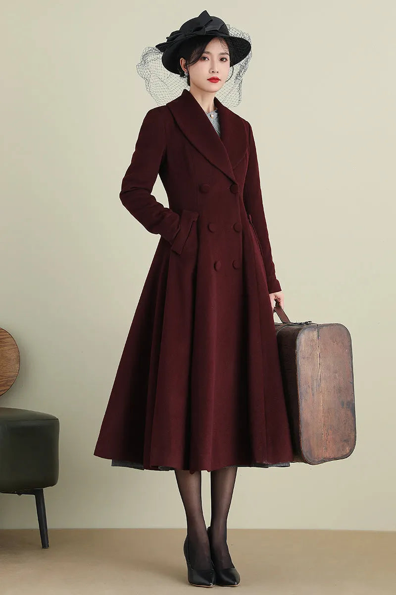 Elegant Wool Blend Coat – Double Breasted A-Line Long Overcoat 