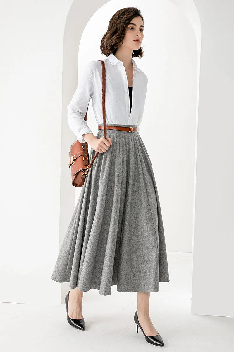 Women’s Light Gray Wool Midi Skirt – Elegant Handmade Swing Skirt 