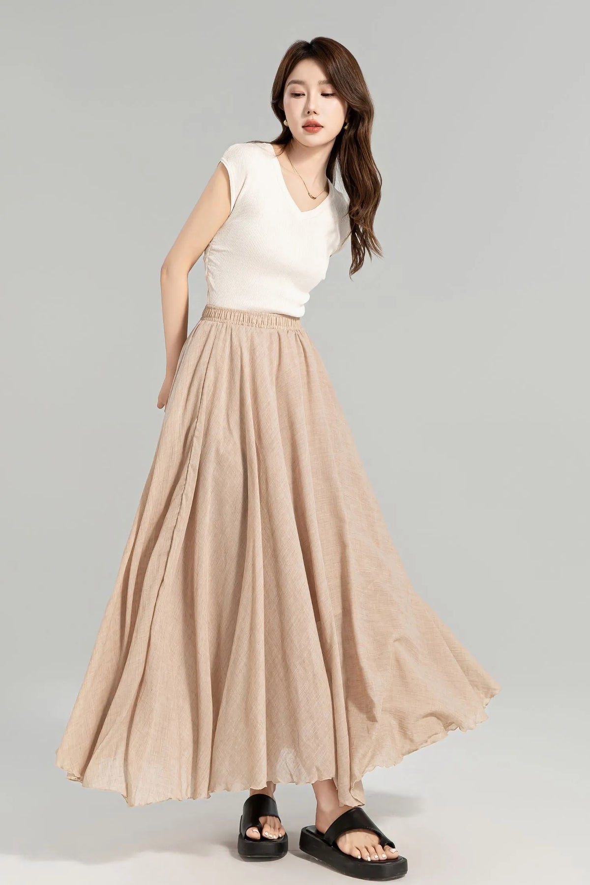 Beige Linen Maxi Skirt - Flowy Circle Silhouette with Elastic Waistband 4959