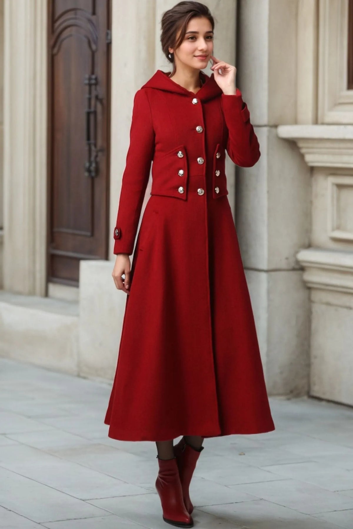 Red Wool Blend Coat - Hooded Ankle Length A-Line 