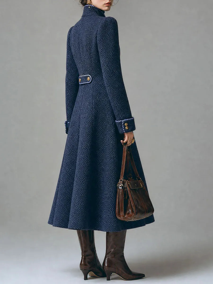 Herringbone Wool Double-Breasted Long Coat with Contrast Piping