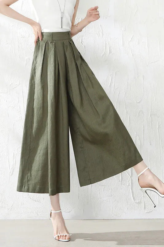 Wine Red Linen Wide Leg Pants - Back Elastic Waist, Front Pockets 3528