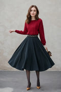 Black Wool Midi Skirt - Embroidered Waist A-Line Circle Skirt 5310