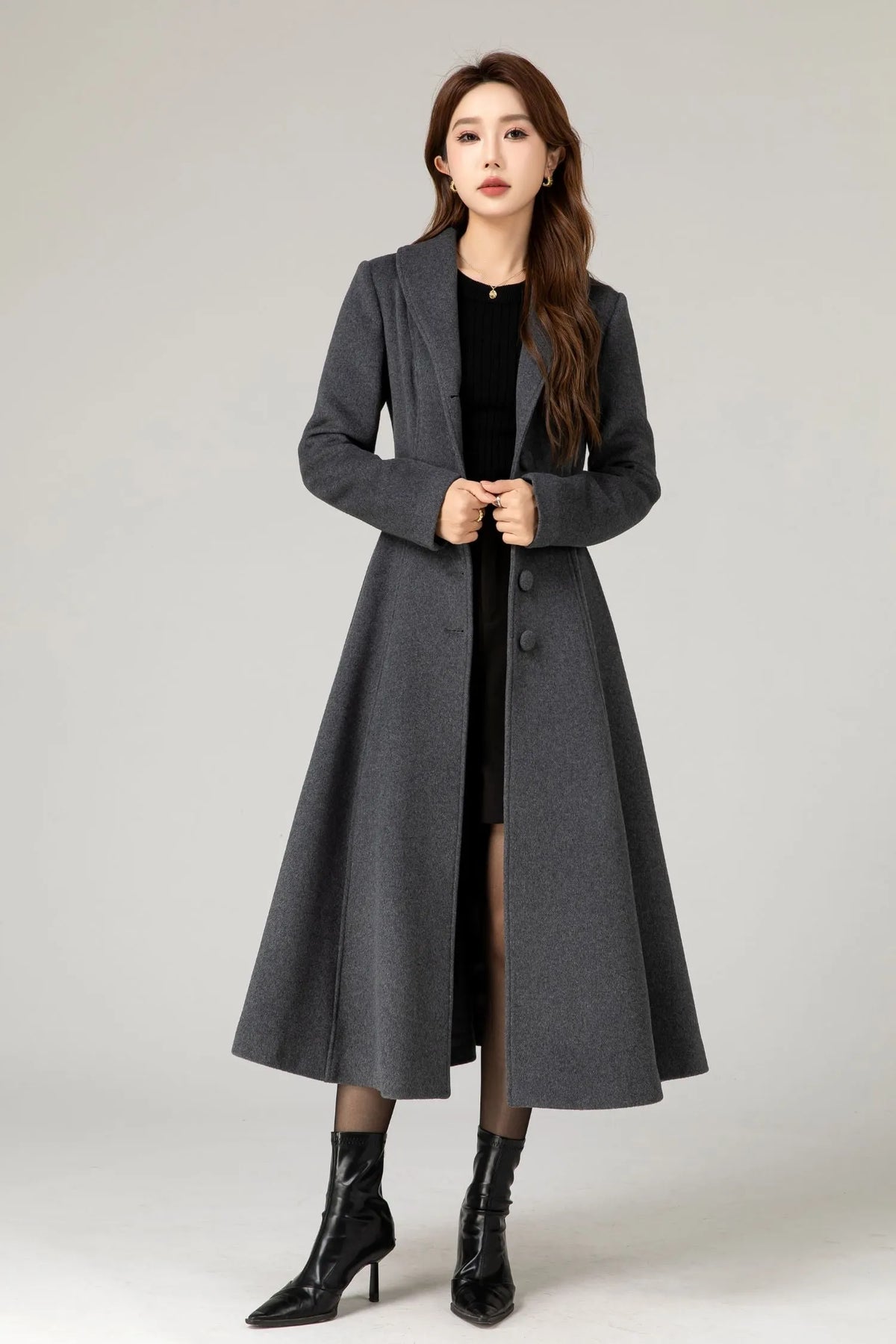 Handmade Charcoal Grey Wool Coat – Vintage Tailored A-line Long Winter Overcoat 